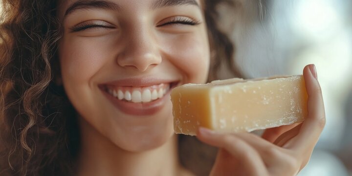 Smiling Woman Enjoying a Cheese Wedge