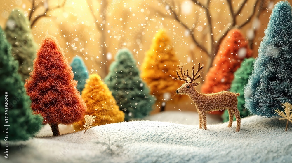 Poster a christmas scene featuring a deer in the foreground against a backdrop of trees with snowfall on th
