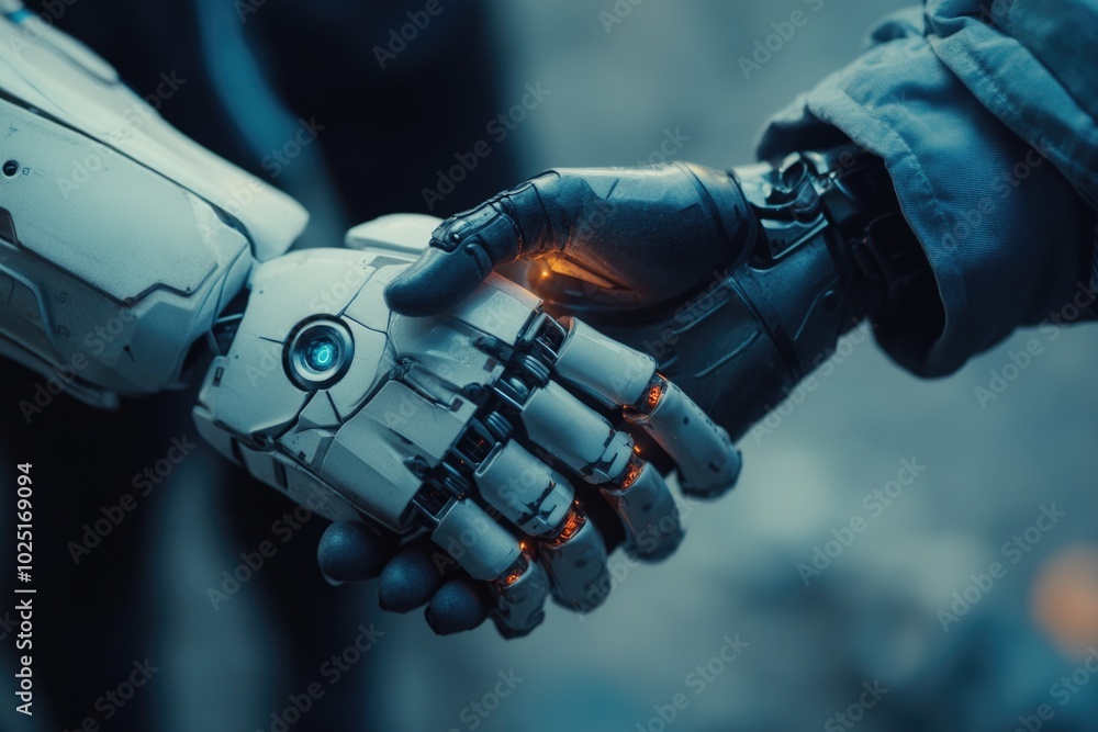 Poster a human and a robot shake hands, representing cooperation and understanding