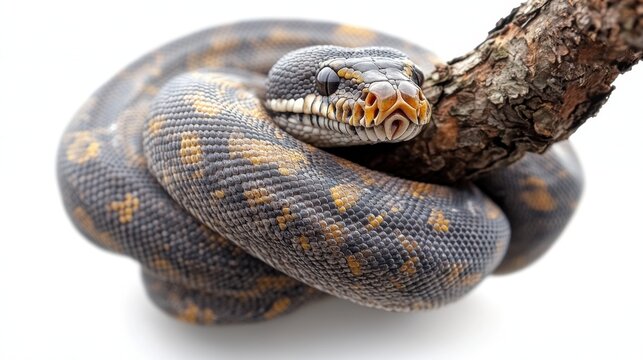 A python coiled tightly around a tree branch, isolated on white background 