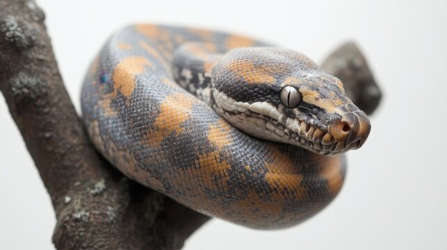 A python coiled tightly around a tree branch, isolated on white background 