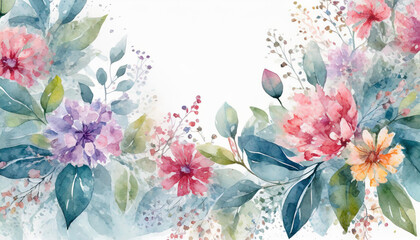 Colorful watercolor floral arrangement with delicate blossoms and greenery on a white background