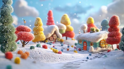  A Christmas scene of a snowy village, with a train coming down the track, trees in the foreground, and snow on the ground