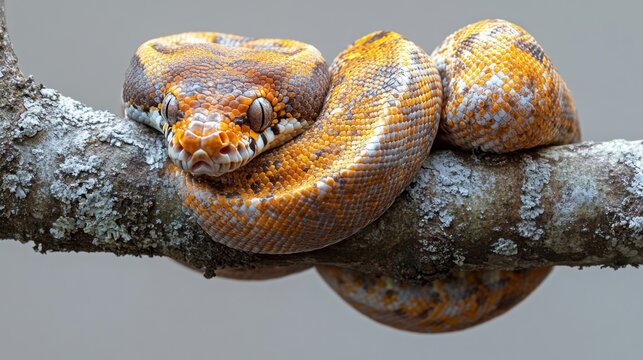 A python coiled tightly around a tree branch, isolated on white background 