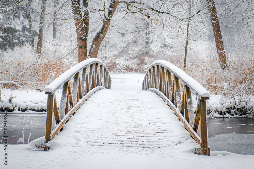 Poster a bridge covered in snow with a tree in the background