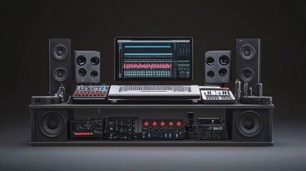 Fototapeta premium A Music Production Studio Setup with a Computer, Audio Interface, and Speakers