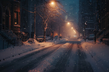 A snowy street with a tree in the middle
