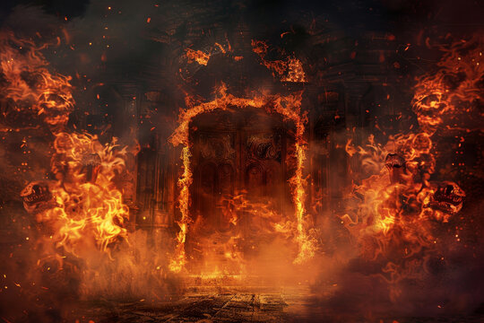 A fiery scene with a large door in the middle