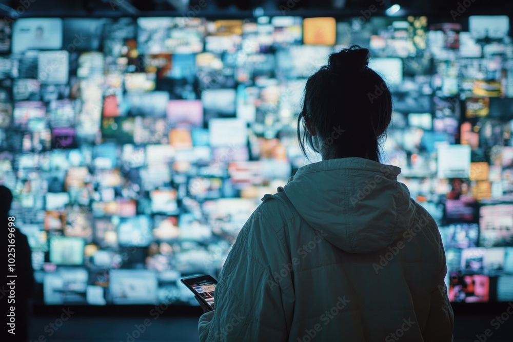 Poster a person stands in front of a large wall covered with tvs, great for technology or media related con