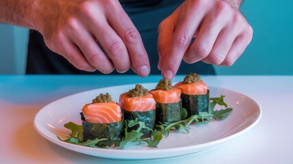 Chef preparing fish sushi pieces, focusing on garnishing and food preparation process