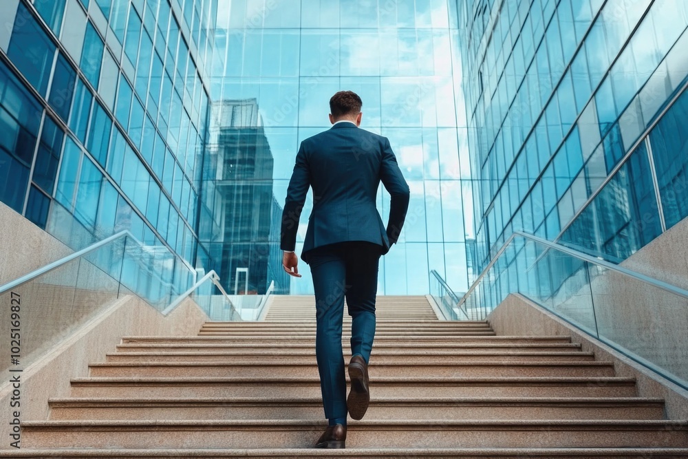Aufkleber a person ascending the steps with a formal attire, suitable for various settings
