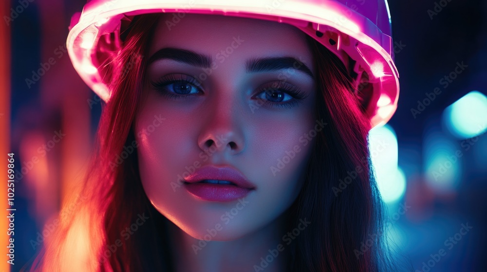 Canvas Prints A woman wearing a hard hat and safety vest stands in a dark environment, possibly on a construction site or doing maintenance work