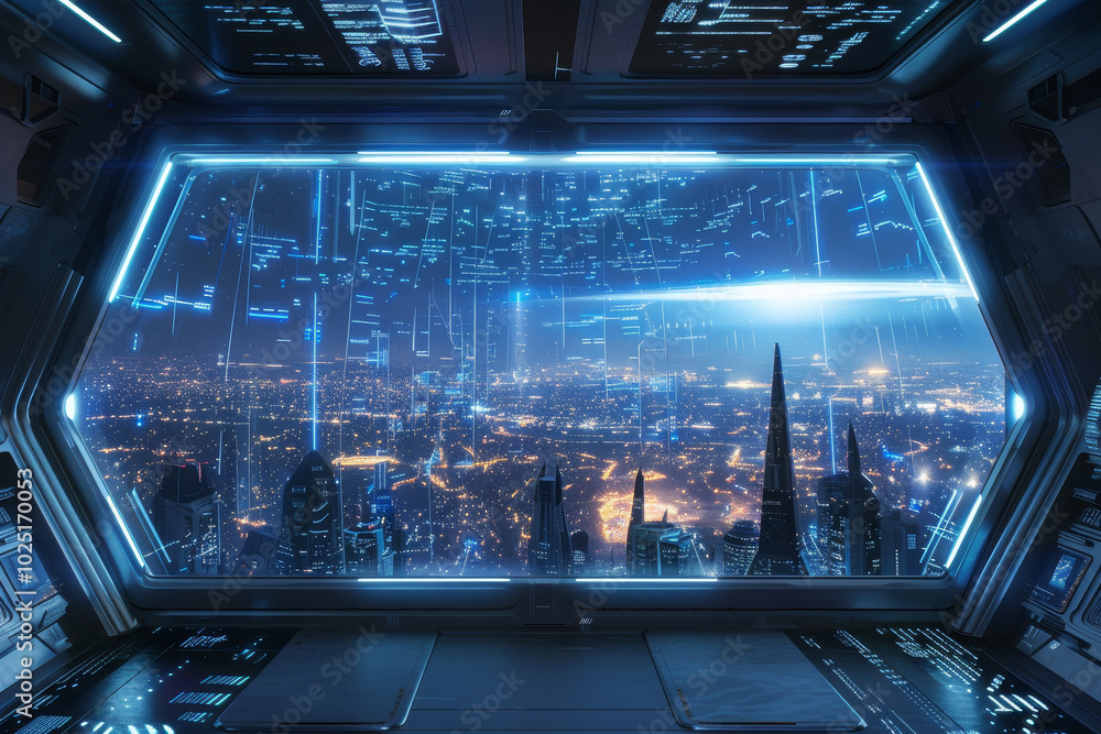 Poster a futuristic cityscape is visible through a window in a spaceship