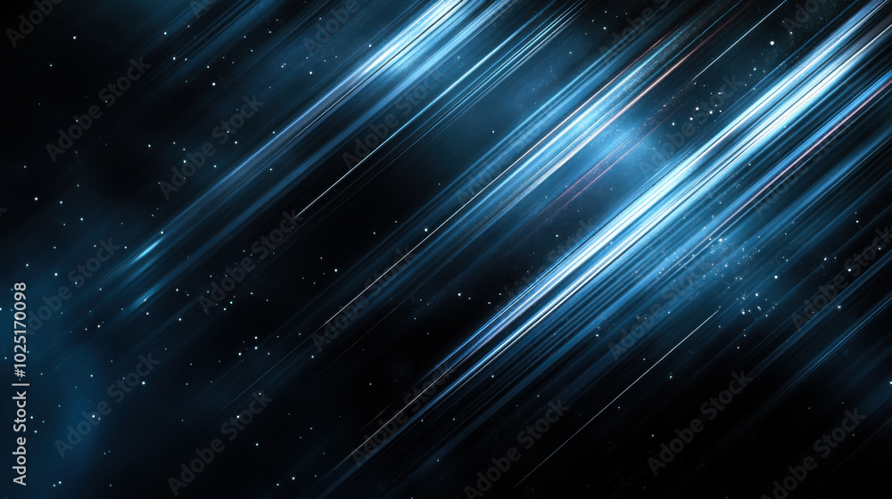Poster abstract blue light streaks create a dynamic background with subtle star-like elements, conveying a 