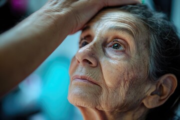 A beauty salon scene with a senior citizen receiving a haircut from a stylist