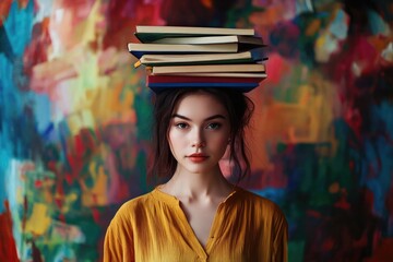 A person carrying a pile of books on their head, everyday scene of a student or book lover