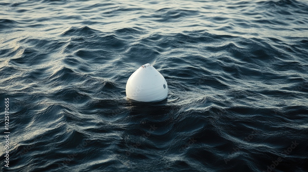 Poster a white object floats on the surface of calm blue water, with no surrounding context