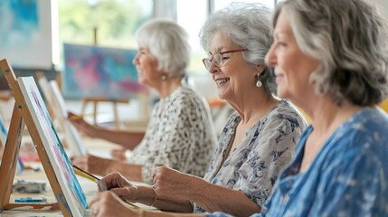 Elderly women painting together in an art studio