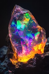 Obraz premium A large rock with a vibrant rainbow-colored crystal on it