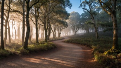 Misty forest path winding through sunlit trees