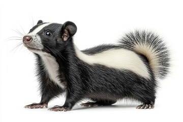 Fototapeta premium A skunk standing on its hind legs with its tail raised, isolated on white background 