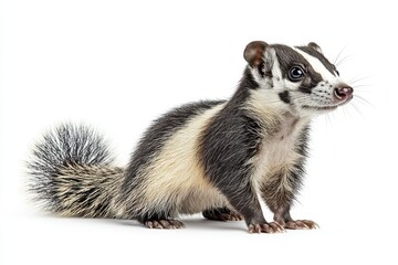 Obraz premium A skunk standing on its hind legs with its tail raised, isolated on white background 