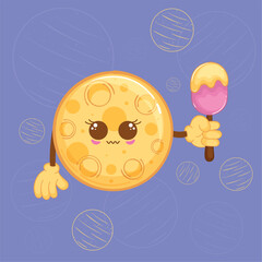 Moon character holding ice cream on purple background, vector illustration