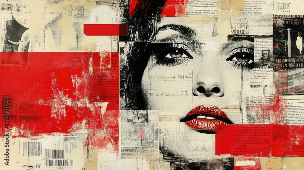 Poster A close-up image of a woman's face on a bright red background, ideal for use in designs and projects that require a bold and attention-grabbing visual element