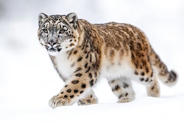 Naklejka premium A snow leopard walking through snow, isolated on white background 