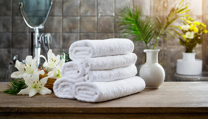 A neatly arranged stack of white towels and fresh flowers in a tranquil bathroom setting with natural light streaming in