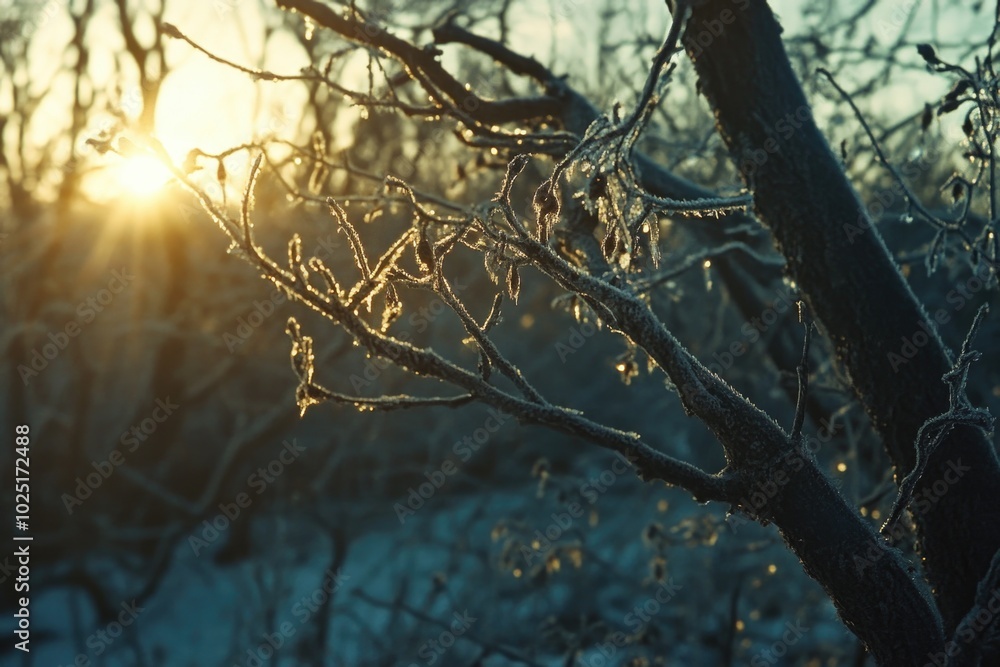 Sticker Frozen tree limbs lit up by sunlight, great for winter scenes or nature photography