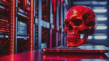 A laptop sits on a desk in front of a backdrop of red-lit servers, with a menacing red skull displayed prominently on its screen.