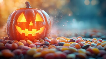 Glowing Jack-o'-Lantern with Spilled Candy on Ground