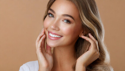 Young woman smiling with healthy skin in a neutral setting showcasing natural beauty and confidence