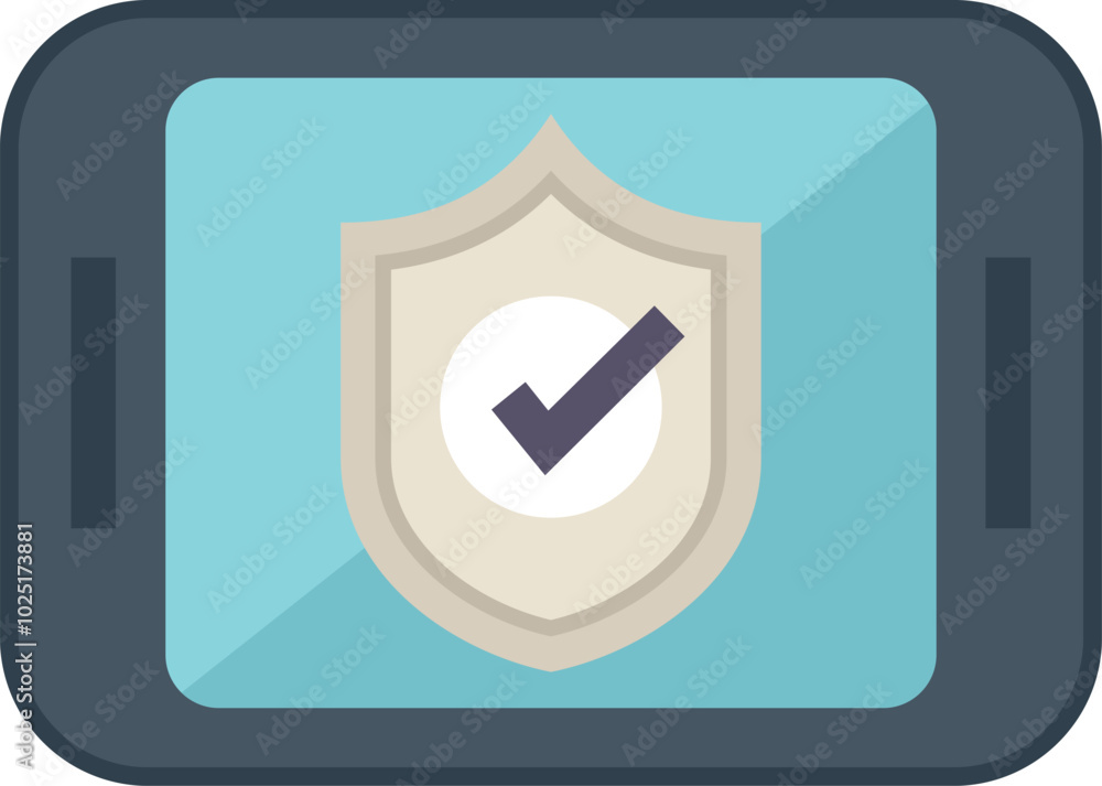 Poster digital illustration of a smartphone showing a security shield with a check mark icon, representing 