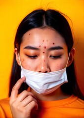 Young woman with acne and a face mask poses against a bright yellow background, highlighting skin challenges and health awareness. Generative AI