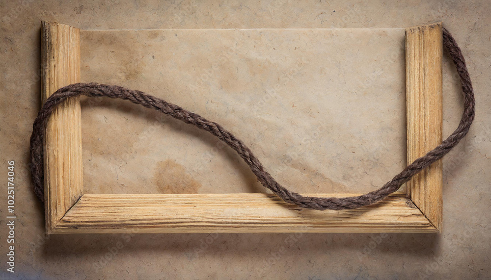 Poster wooden frame with rope for hanging on a textured background in a creative display