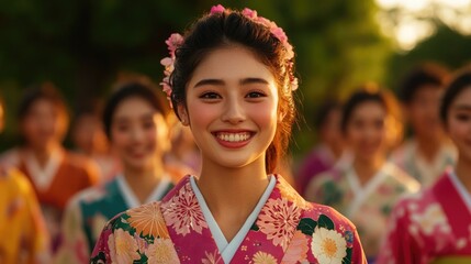 Young Japanese Adults in Traditional Kimonos Celebrating Coming of Age Ceremony in Temple Garden