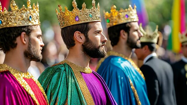 Three Caucasian men dressed as kings with ornate crowns at a Three Kings Day parade