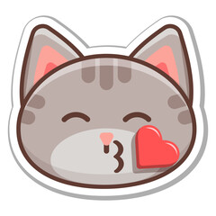 Emotion sticker of a happy gray cat who sends a heart kiss. Vector illustration.