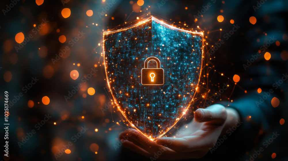 Poster a person holds a glowing shield with a padlock symbol representing cybersecurity and data protection