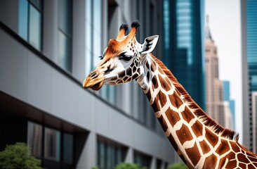 Close up of a giraffe head in the city on a hot sunny day