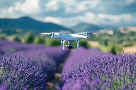 Drone quad copter on lavander flower field