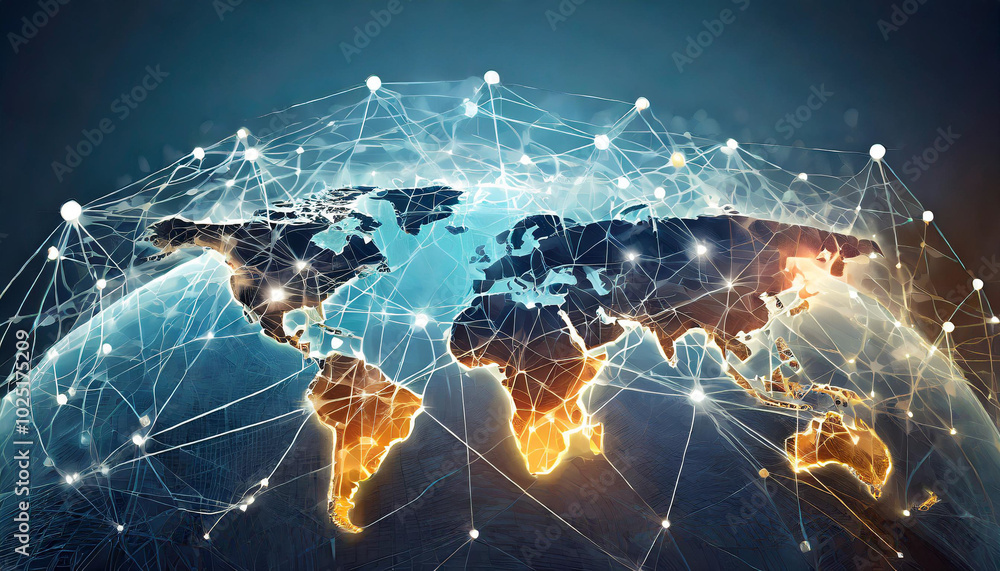 Aufkleber connecting the globe with networks of light illustrating digital communication across continents at 