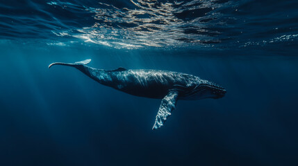 Naklejka premium A lone whale glides gracefully through deep blue waters in the tranquil ocean at midday