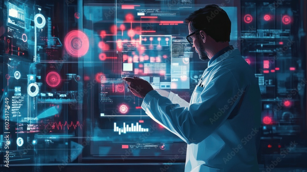 Poster a scientist interacting with a holographic interface in a futuristic setting