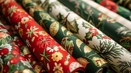 rolls of christmas wrapping paper with retro prints in red green white and gold