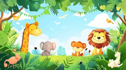 Naklejka premium Adorable Jungle Animals in a Cartoon Vector Illustration Set in a Lush Forest Scene