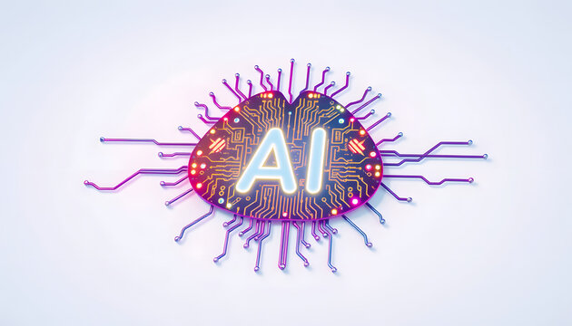 AI symbol adorned with complex circuit layout on a white background. Surrounded by colorful, flowing elements 3D rendering isolated with white highlights, png