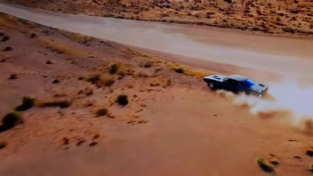 deserted highway cutting through a sun-scorched desert. The camera swoops down from a bird's-eye view to follow a muscle car, as it leaves behind clouds of dust. In the distance